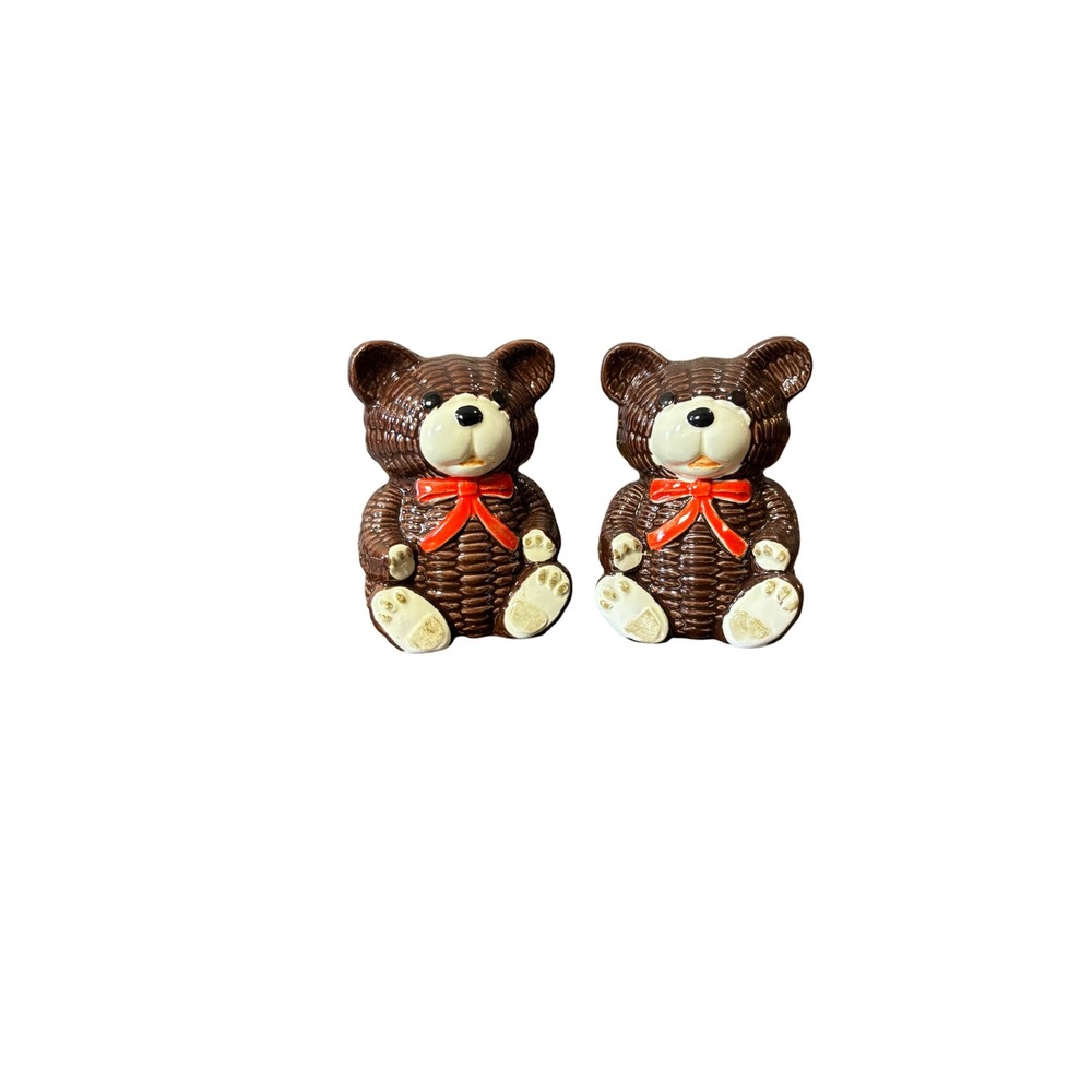 Vintage Otagiri Japan Teddy Bear Salt & Pepper Shakers Ceramic Brown Basketweave